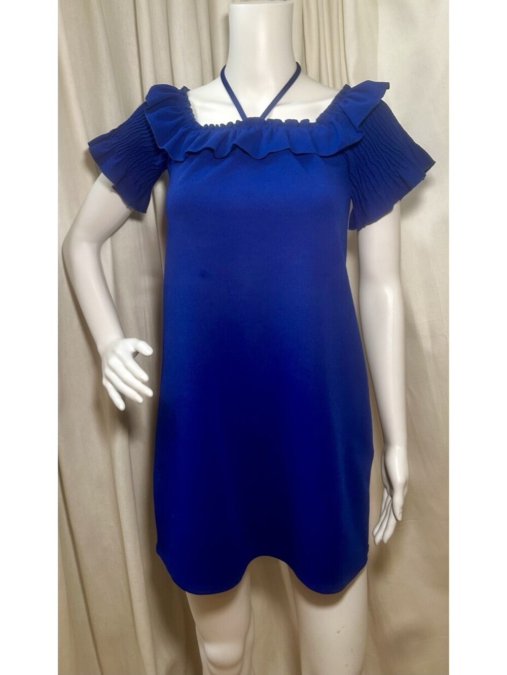 Retro 60s Zara Mod Go Go Hippy Blue Ruffle Halter Micro Mini Shift Dress SZ S